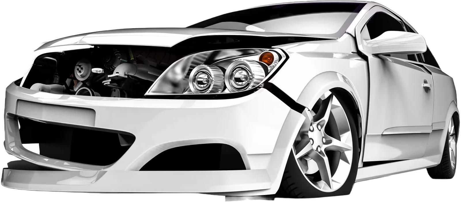 An accident-damaged white hatchback